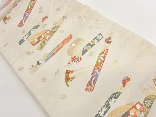 櫛に簪・うさぎ・花葉模様織出し名古屋帯